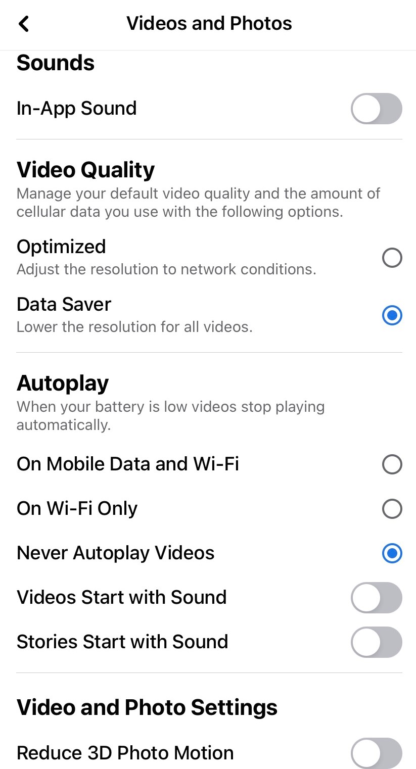 iOS Settings for Facebook Facebook iPhone Video and Photo settings