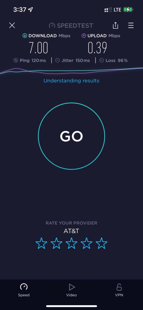 IMG 9243 Ookla results for testing internet speeds showing 7 mbps and high jitter.