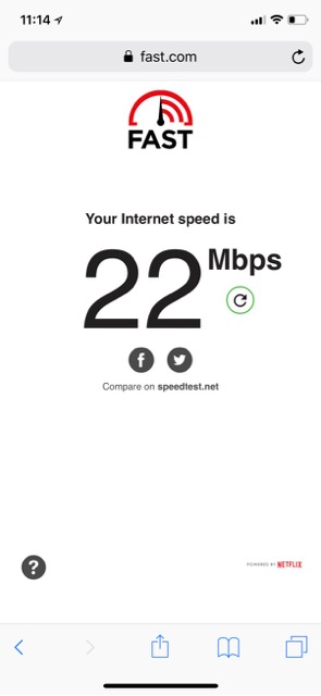 Verizon-Premium-Streaming Netflix Fast.com internet speeds testing results showing 22 Mbps