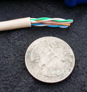 Twisted-Pairs Twisted Pair cable shown next to a quarter